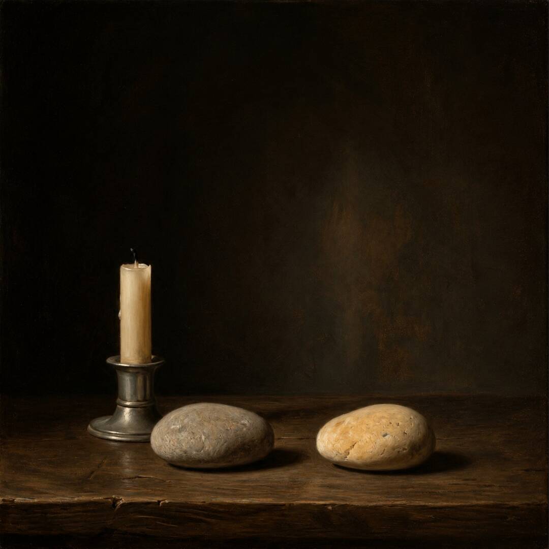 Still life oil painting: a candle in a pewter holder beside two smooth river stones on dark wood