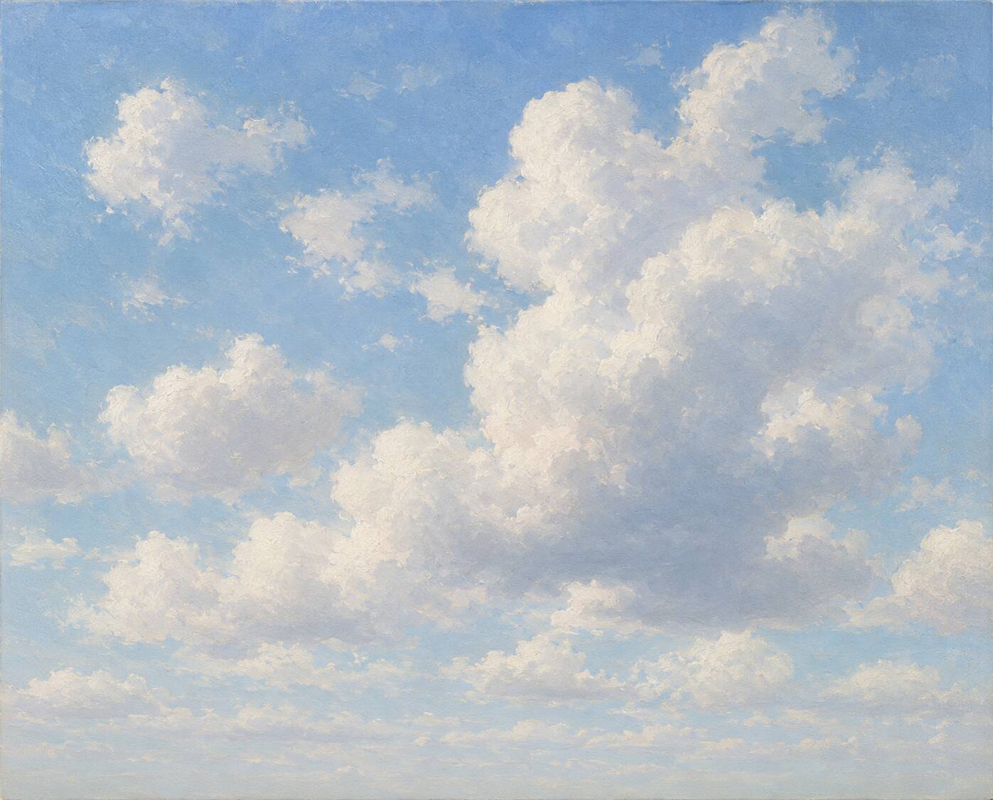 Oil painting of sky with cumulus clouds in soft blue and white tones