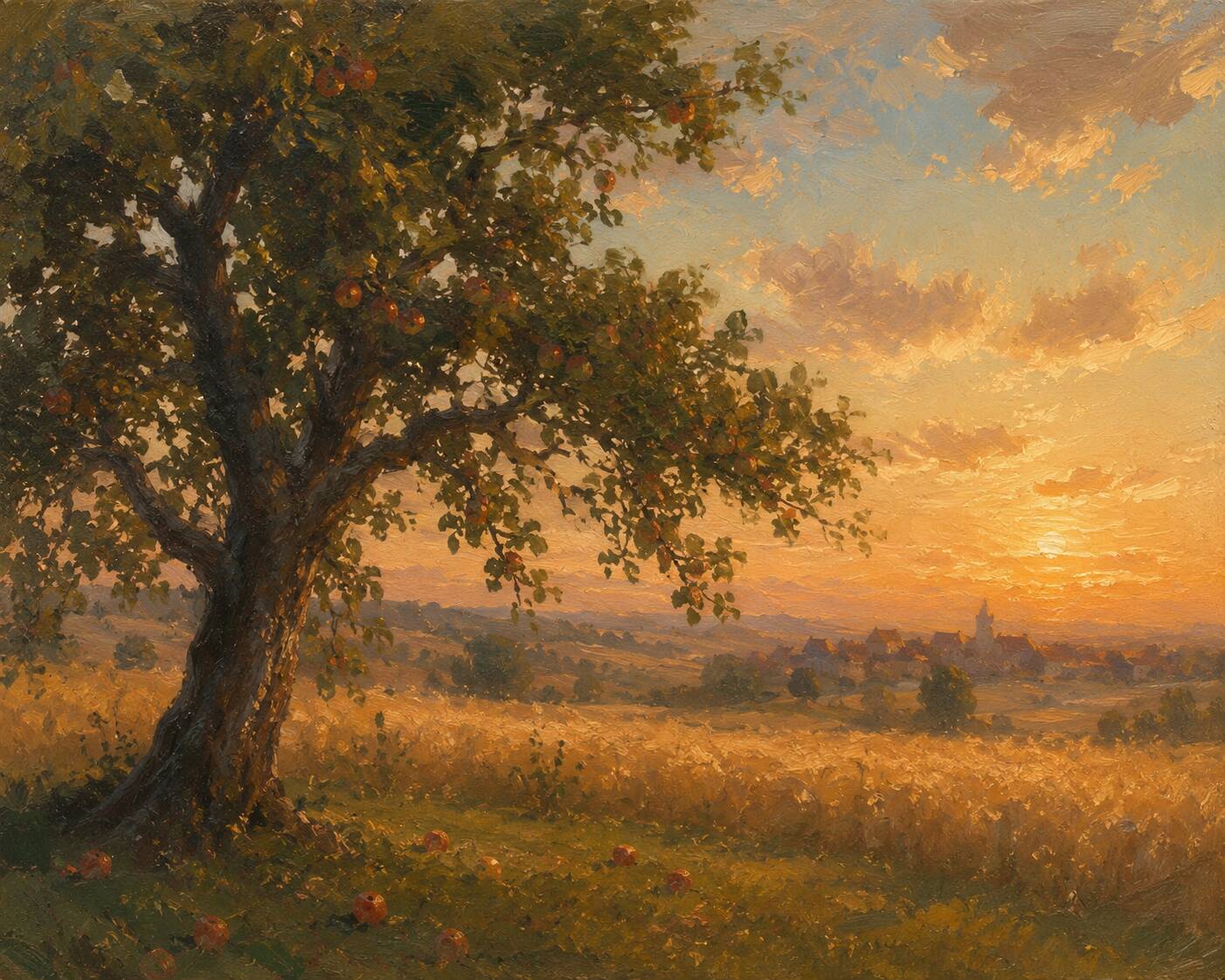 Oil painting of an apple tree at sunset with a distant village and warm golden light